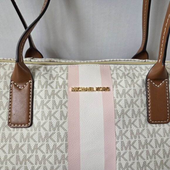 Michael Kors Large Logo Stripe Vanilla Pink Zip Top Tote Travel Bag - Picture 3 of 16